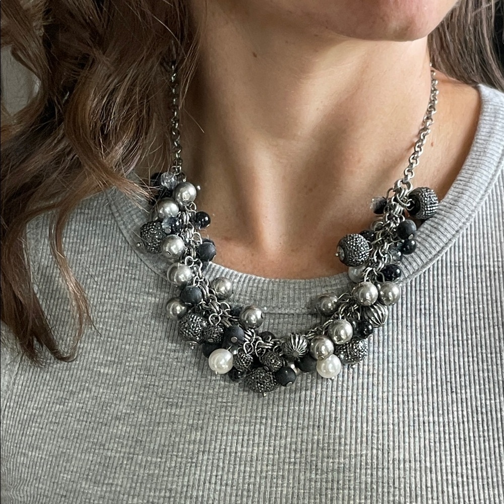 New York & Company Silver and Black Statement Necklace